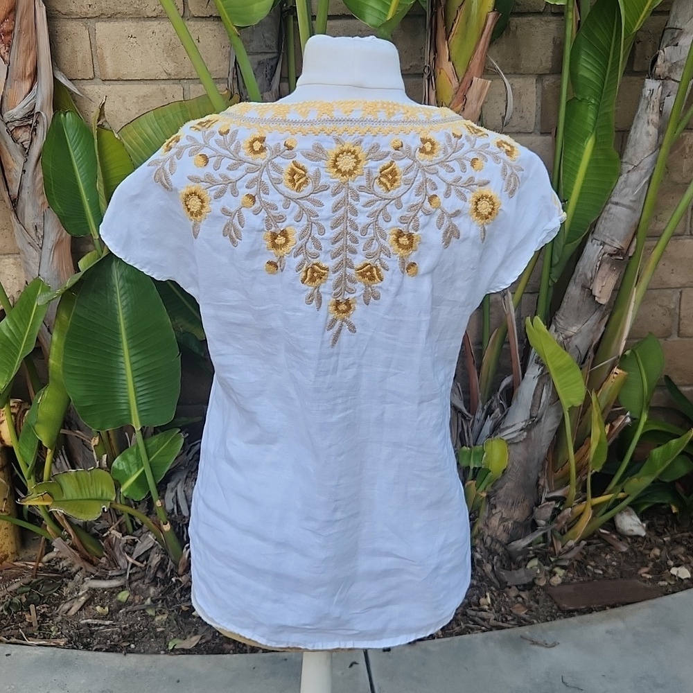 Johnny Was linen white yellow floral embroidered lace front top small - Picture 3 of 9